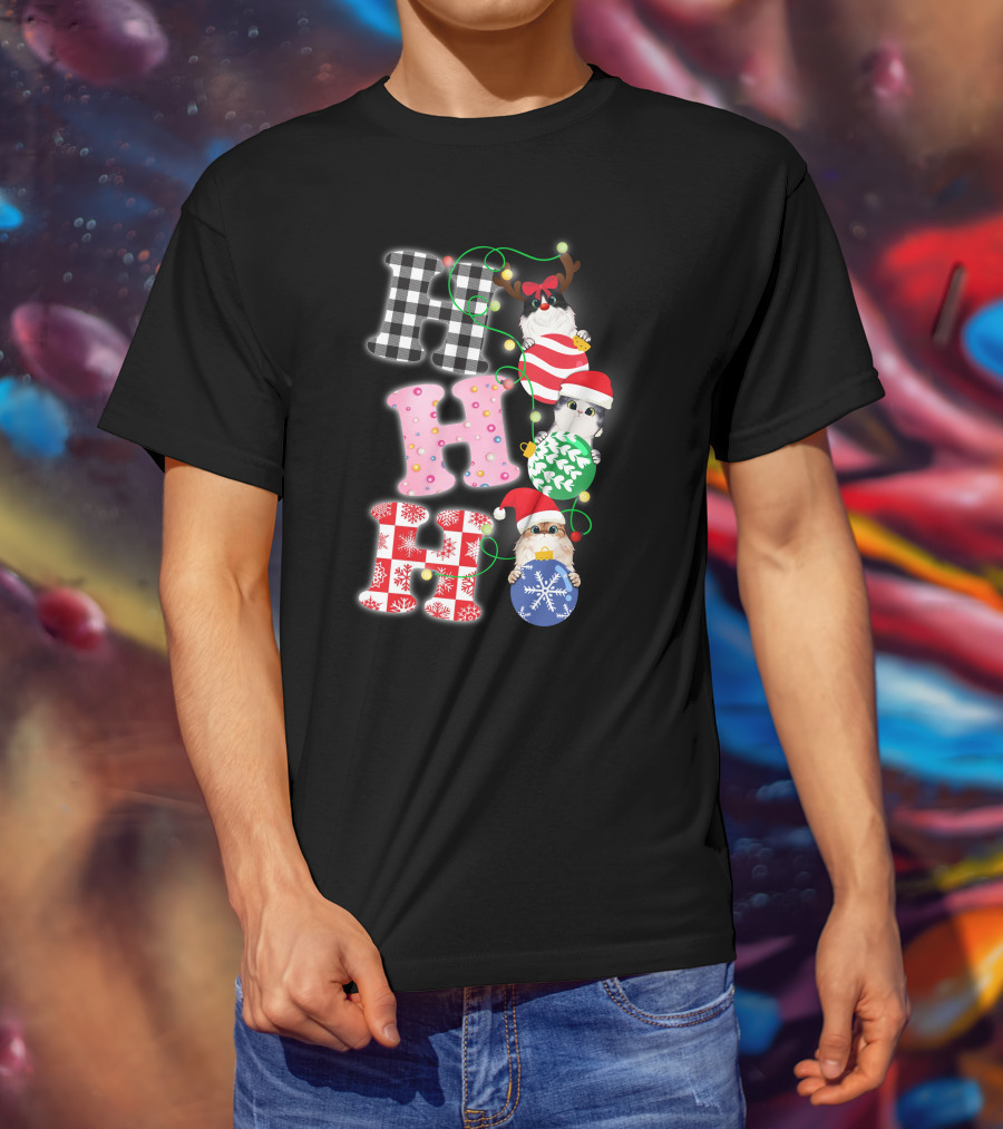HO HO HO Christmas Cats In Holiday Hats And Ornaments T-Shirt