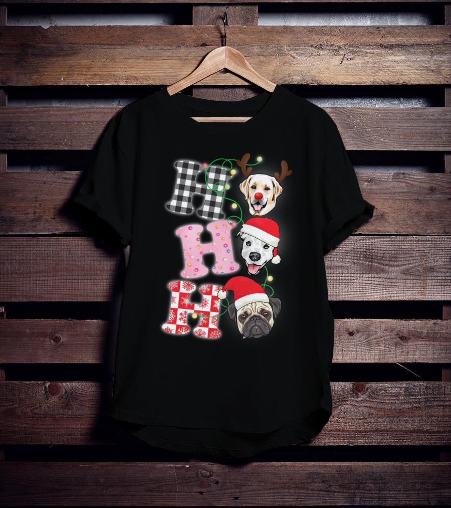 HO HO HO Christmas Dogs With Santa Hats And Reindeer Antlers T-Shirt