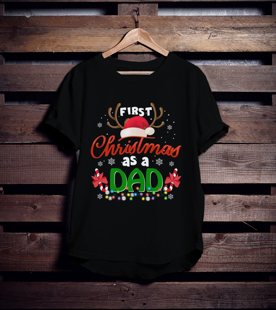First Christmas As A Dad With Reindeer Antlers Santa Hat And Candy Canes T-Shirt