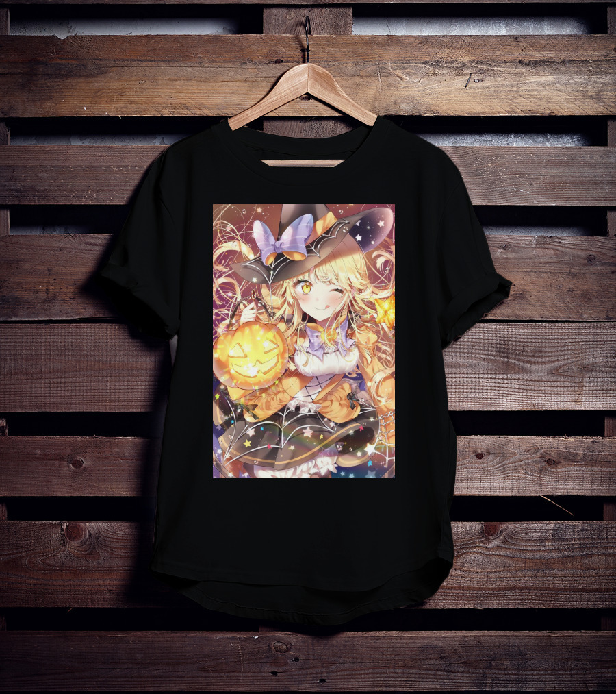 Anime Halloween Witch Girl With Pumpkin Lantern And Stars T-Shirt