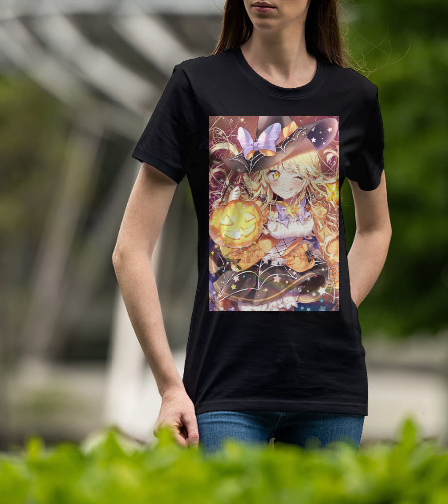Anime Halloween Witch Girl With Pumpkin Lantern And Stars T-Shirt