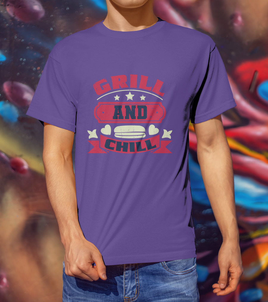 GRILL AND CHILL Stars And Hearts BBQ Burger Banner T-Shirt