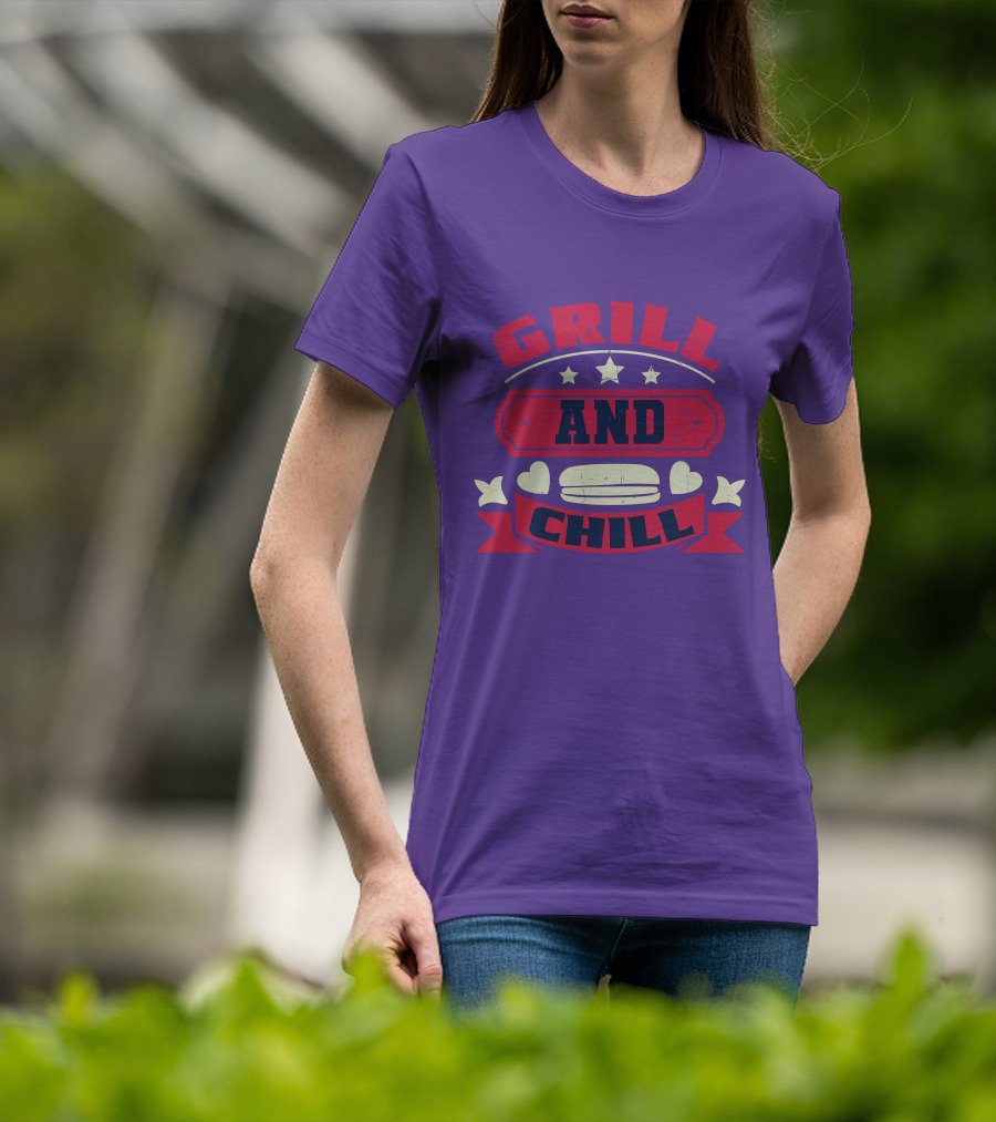 GRILL AND CHILL Stars And Hearts BBQ Burger Banner T-Shirt