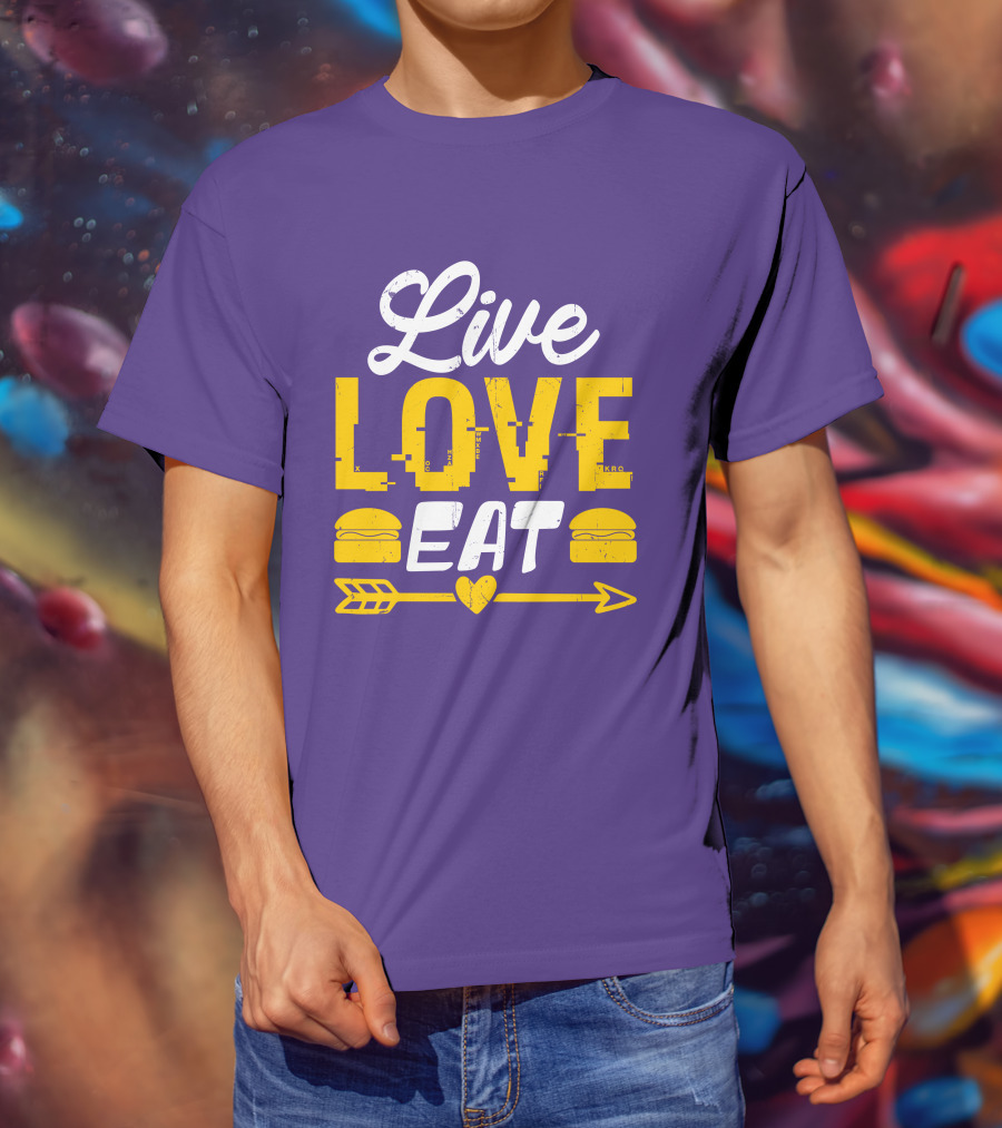 Live Love Eat With Burgers And Heart Arrow On Red T-Shirt