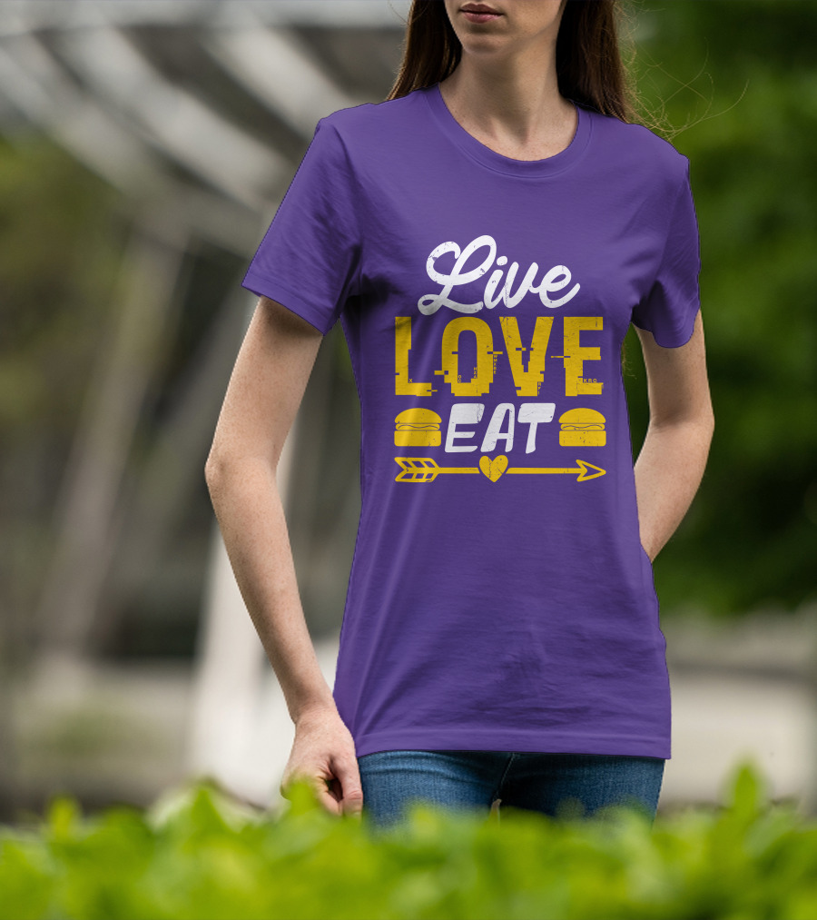 Live Love Eat With Burgers And Heart Arrow On Red T-Shirt