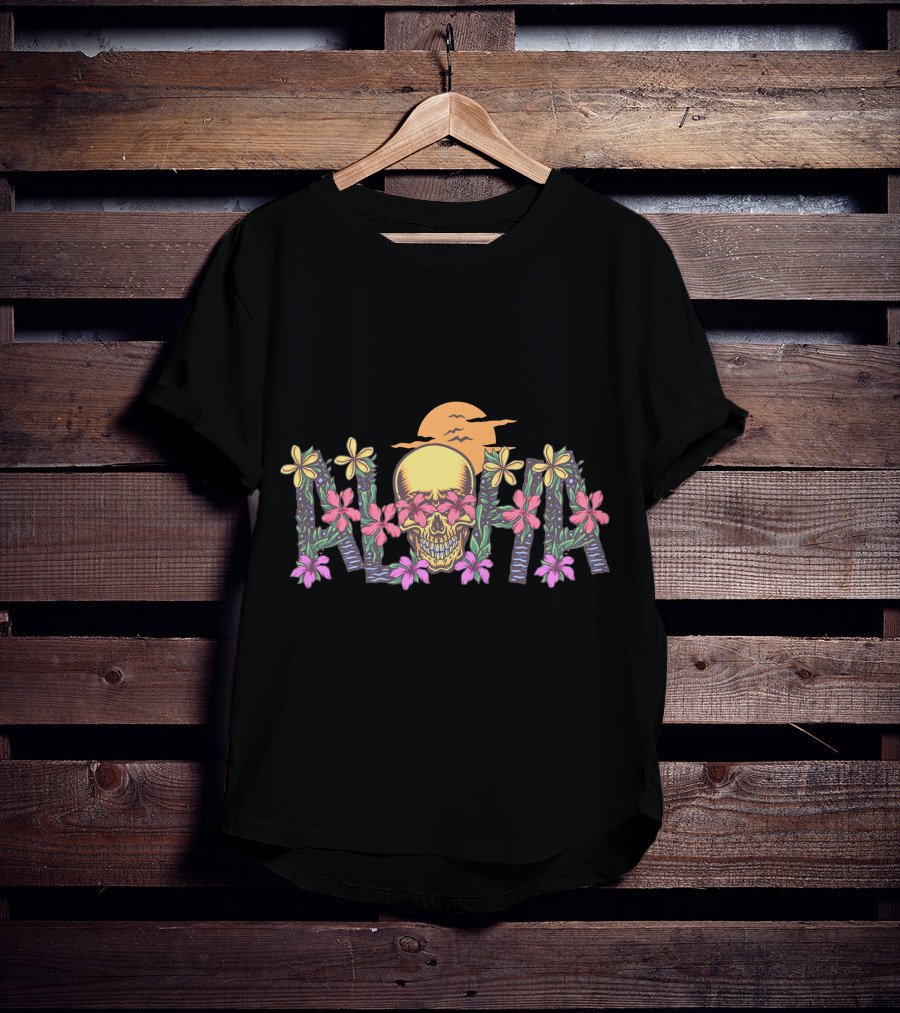 Aloha Skull Hawaii Floral Sunset T-Shirt