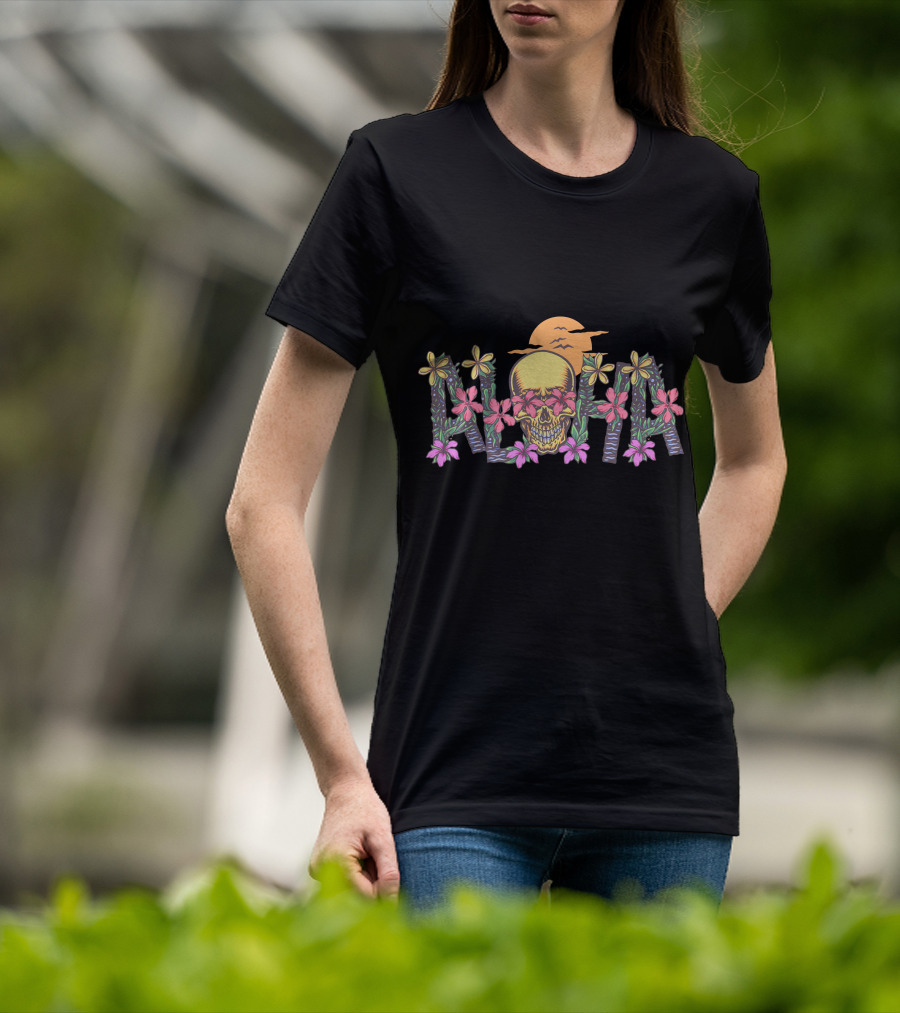 Aloha Skull Hawaii Floral Sunset T-Shirt
