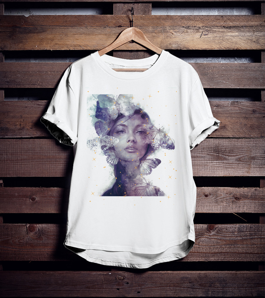 Butterfly And Girl Dreamy Watercolor Portrait With Stars T-Shirt