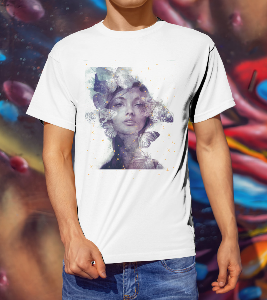 Butterfly And Girl Dreamy Watercolor Portrait With Stars T-Shirt