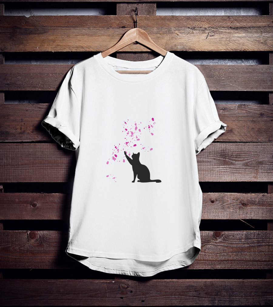 Cat And Pink Splatter Blooms T-Shirt