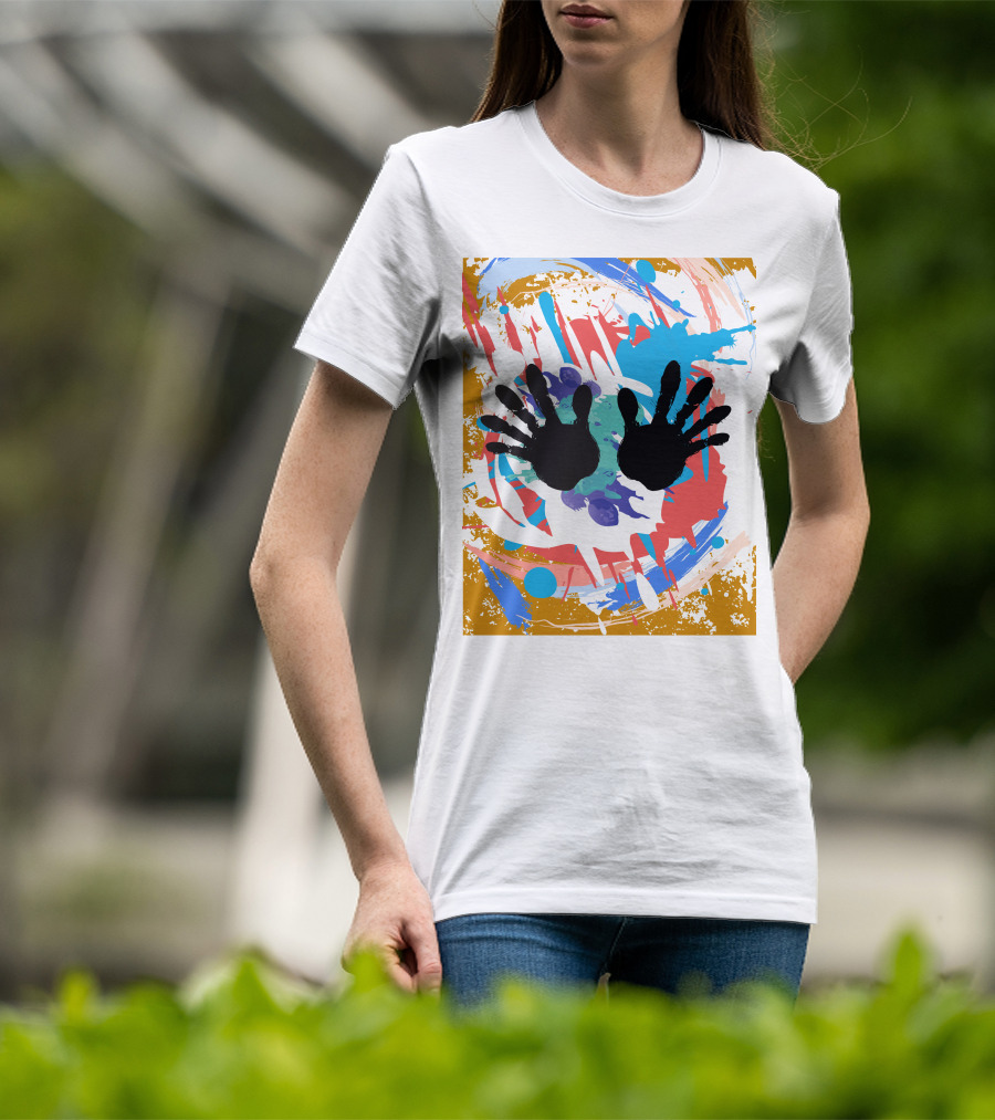 Colorful Splash With Black Handprints T-Shirt
