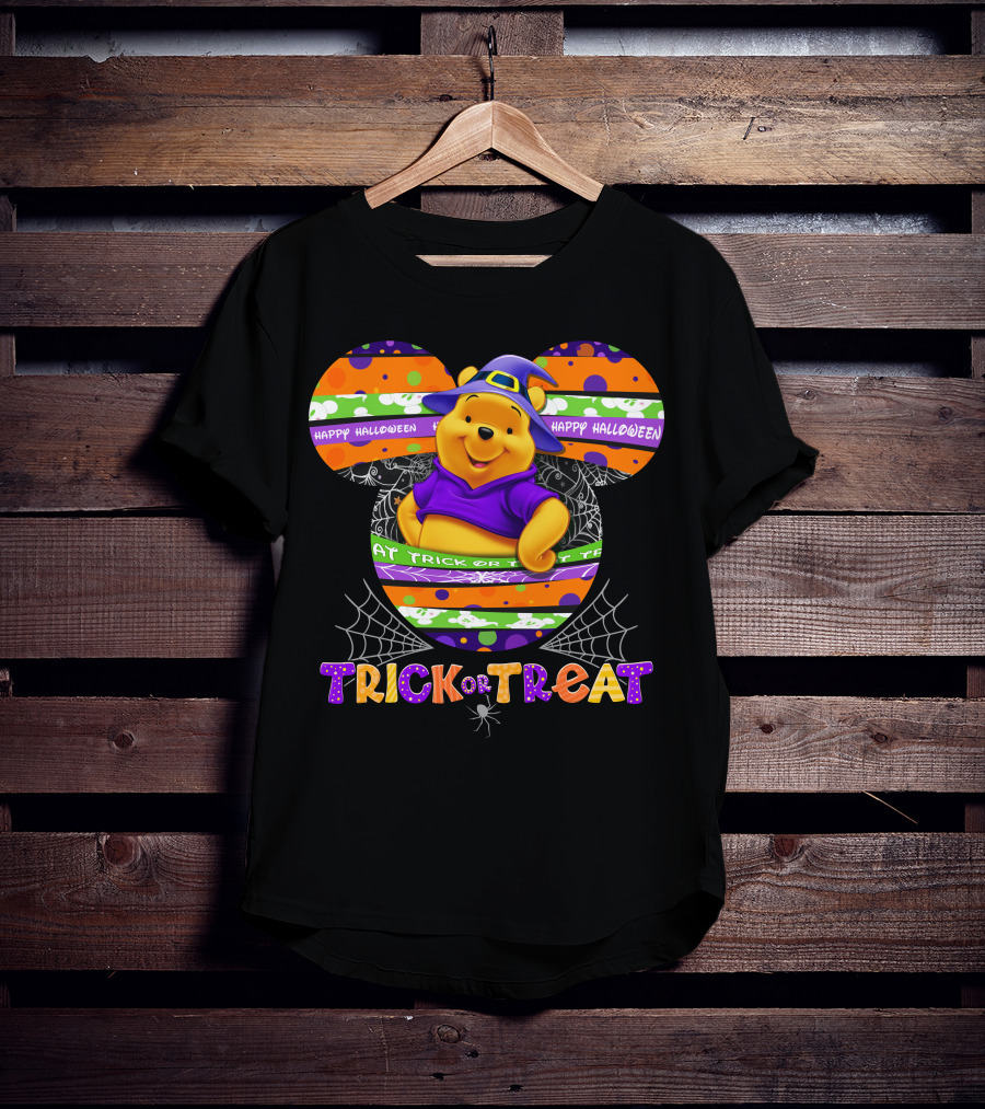 Happy Halloween Trick Or Treat Pooh Witch Hat Spiderwebs T-Shirt