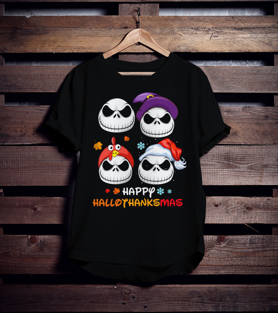 Happy Hallothanksmas Jack Faces With Witch Turkey Santa Hats T-Shirt