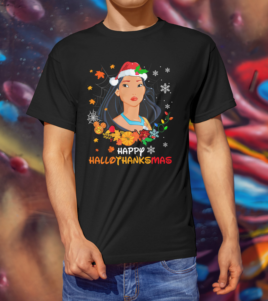 Happy Hallothanksmas Pocahontas Santa Hat Pumpkin Leaves Snowflakes T-Shirt