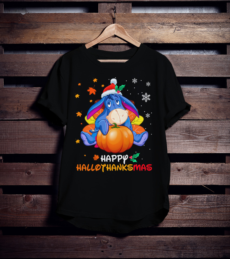 Happy Hallowthanksmas Eeyore Pumpkin Santa Hat Snowflakes Leaves Holiday T-Shirt