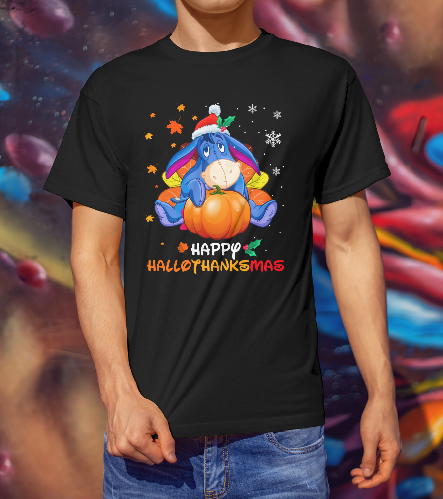 Happy Hallowthanksmas Eeyore Pumpkin Santa Hat Snowflakes Leaves Holiday T-Shirt