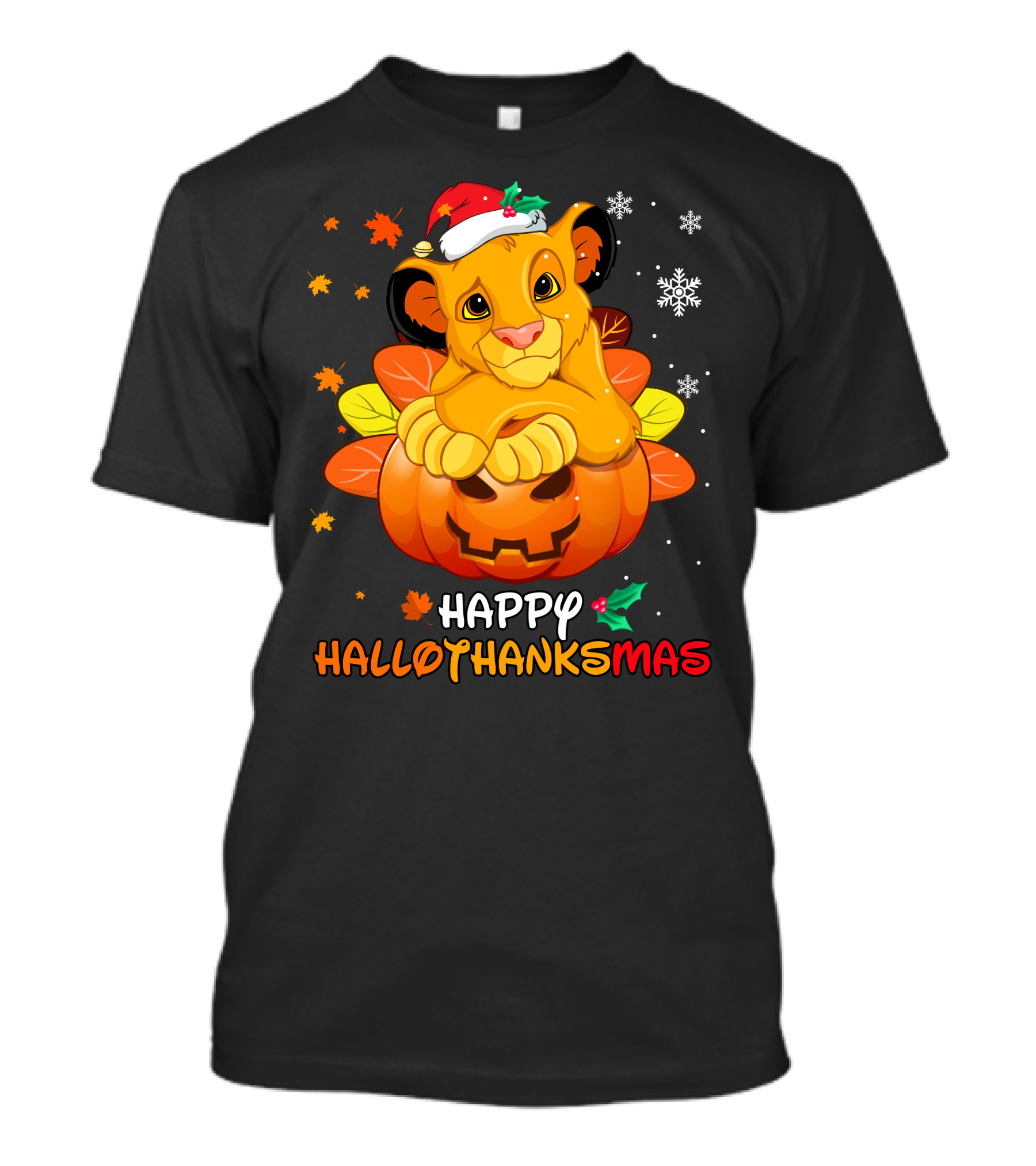 Happy Hallothanksmas Simba Pumpkin Santa Hat Snowflakes T-Shirt