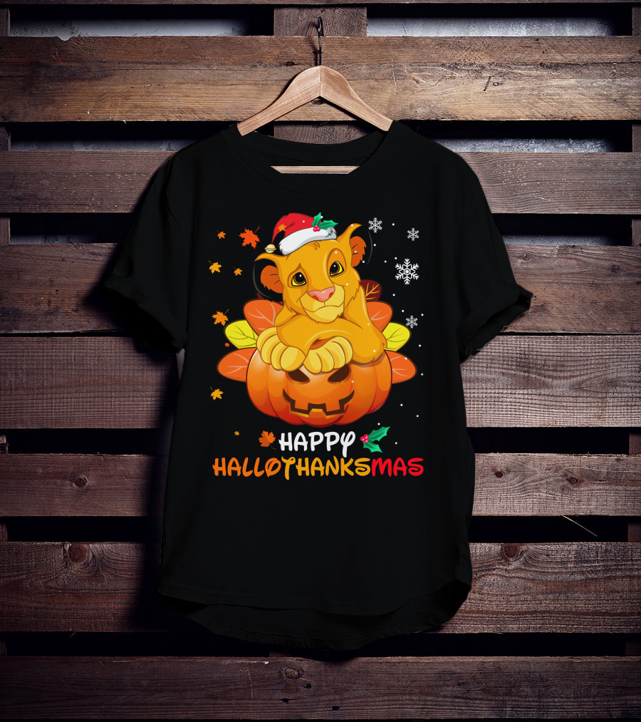 Happy Hallothanksmas Simba Pumpkin Santa Hat Snowflakes T-Shirt