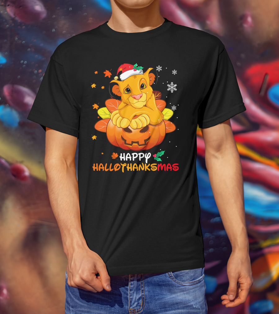 Happy Hallothanksmas Simba Pumpkin Santa Hat Snowflakes T-Shirt