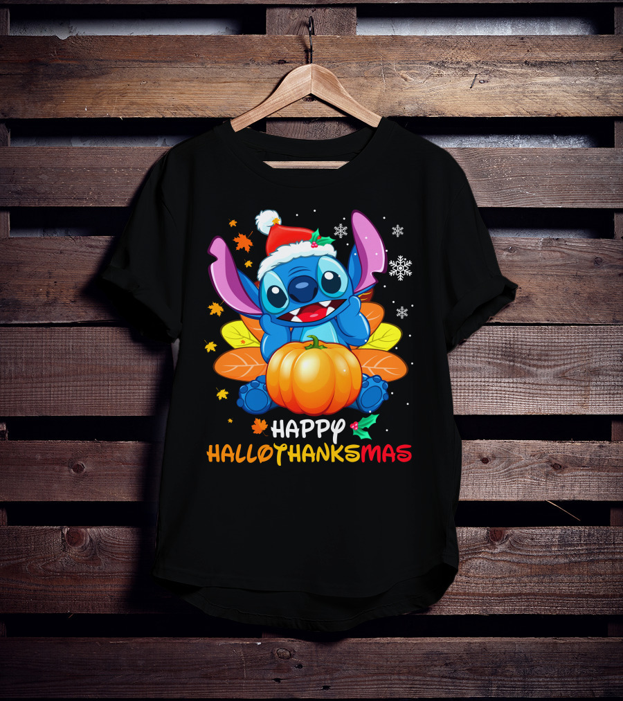 Stitch Happy Hallothanksmas Pumpkin Santa Hat Snowflakes T-Shirt