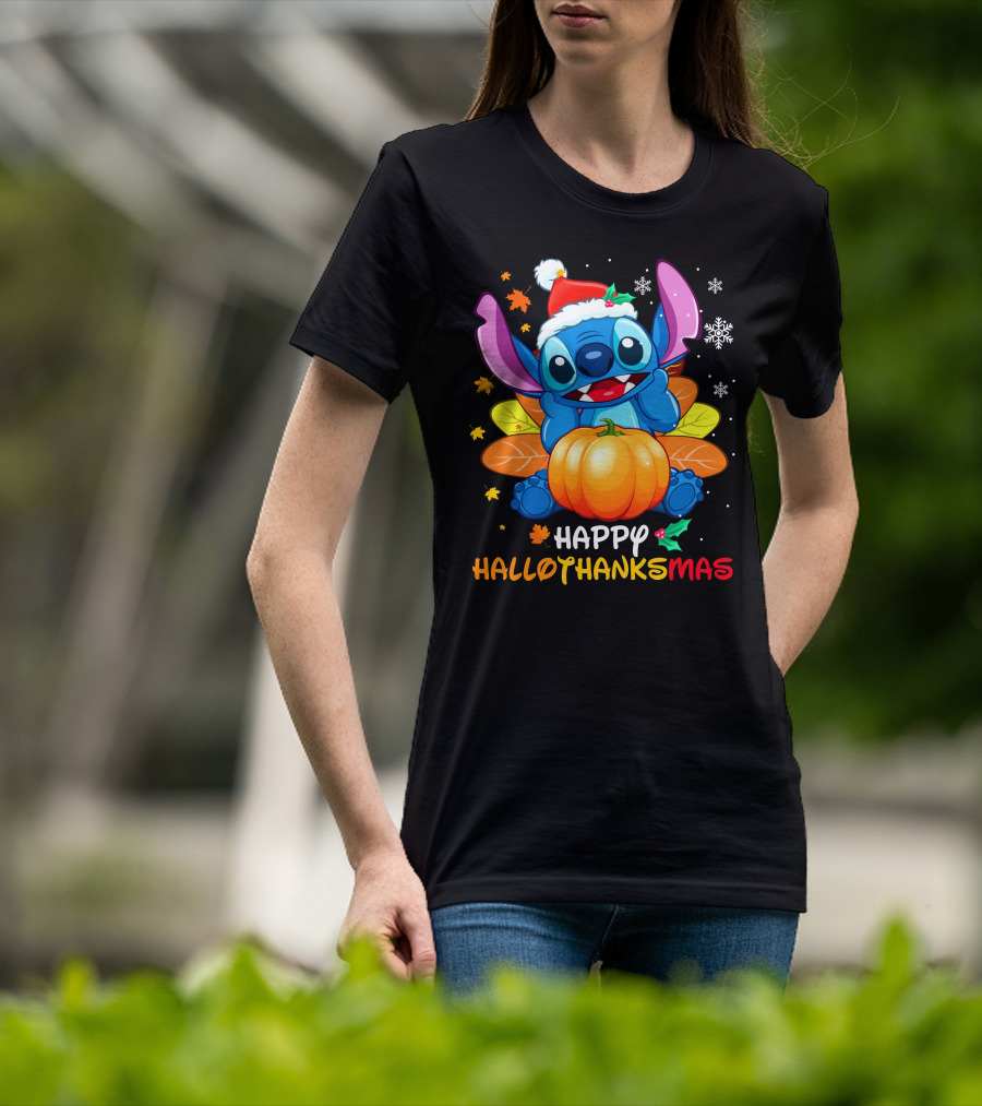 Stitch Happy Hallothanksmas Pumpkin Santa Hat Snowflakes T-Shirt