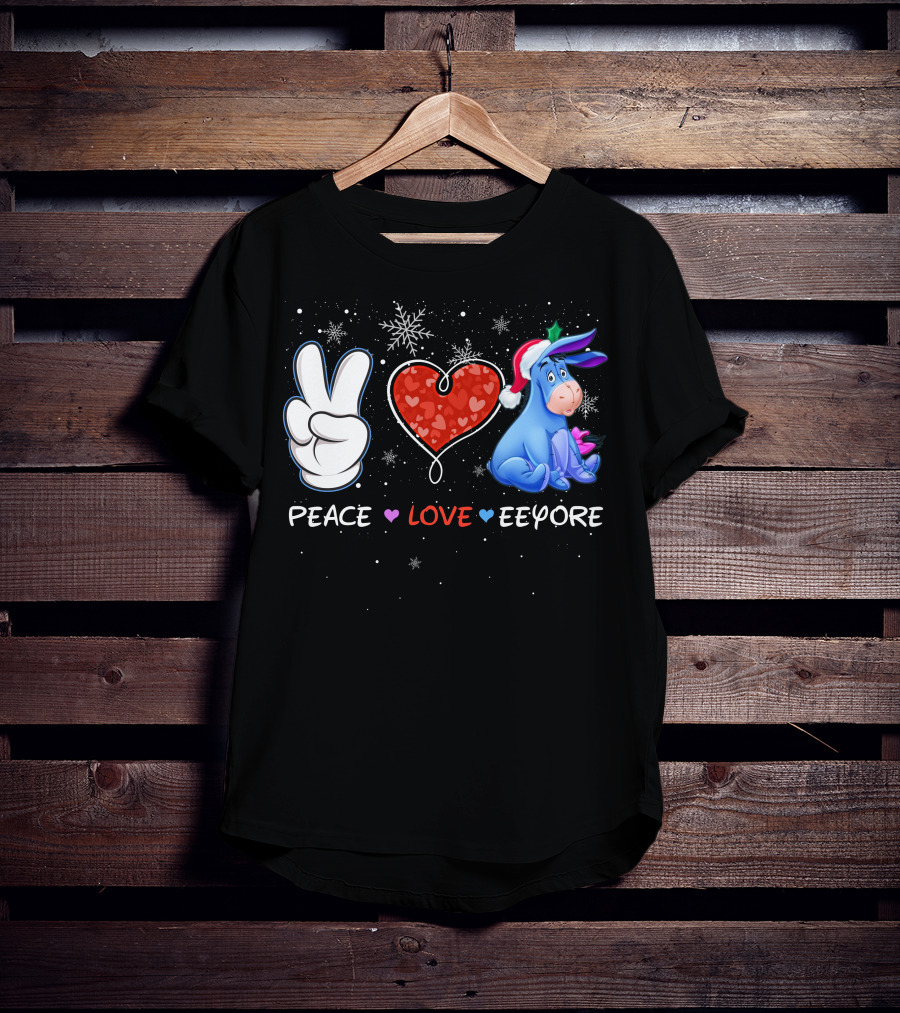 Peace Love Eeyore Santa Hat Winter Snowflakes T-Shirt