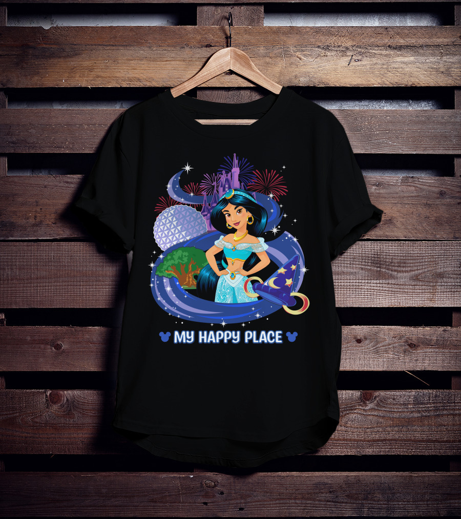 Jasmine My Happy Place Disney Princess Fireworks Magic Castle Mickey Epcot Disney World T-Shirt