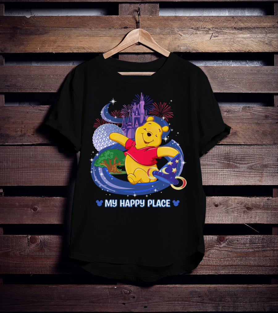Pooh My Happy Place Disney Fireworks Castle Epcot Sorcerer's Hat T-Shirt