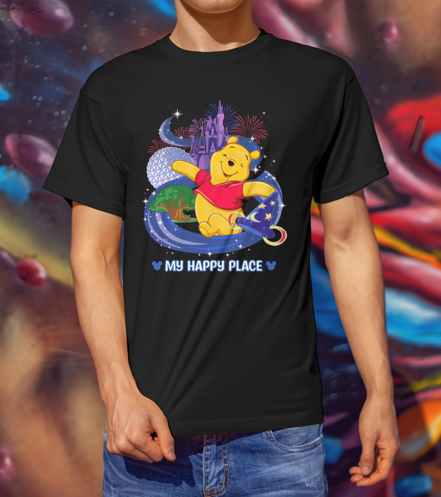 Pooh My Happy Place Disney Fireworks Castle Epcot Sorcerer's Hat T-Shirt