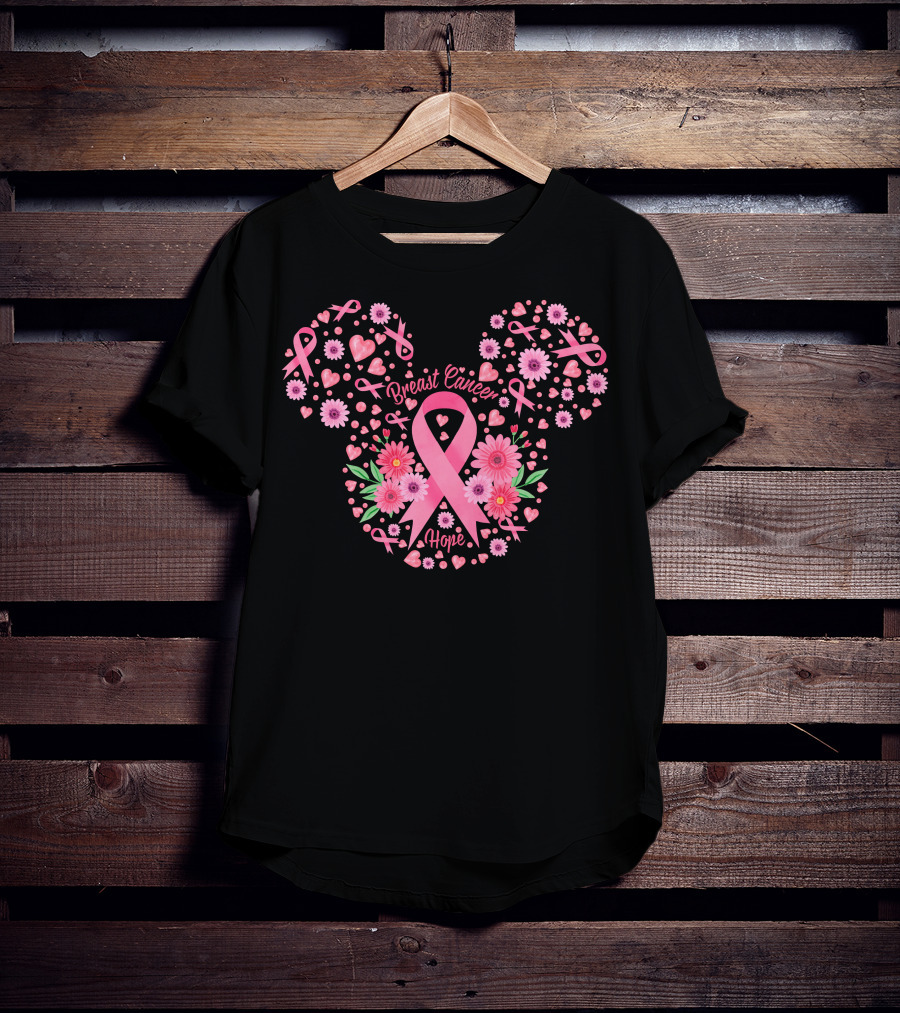 Breast Cancer Hope Pink Ribbon Floral Mickey Ears T-Shirt