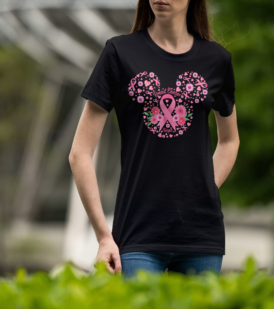 Breast Cancer Hope Pink Ribbon Floral Mickey Ears T-Shirt