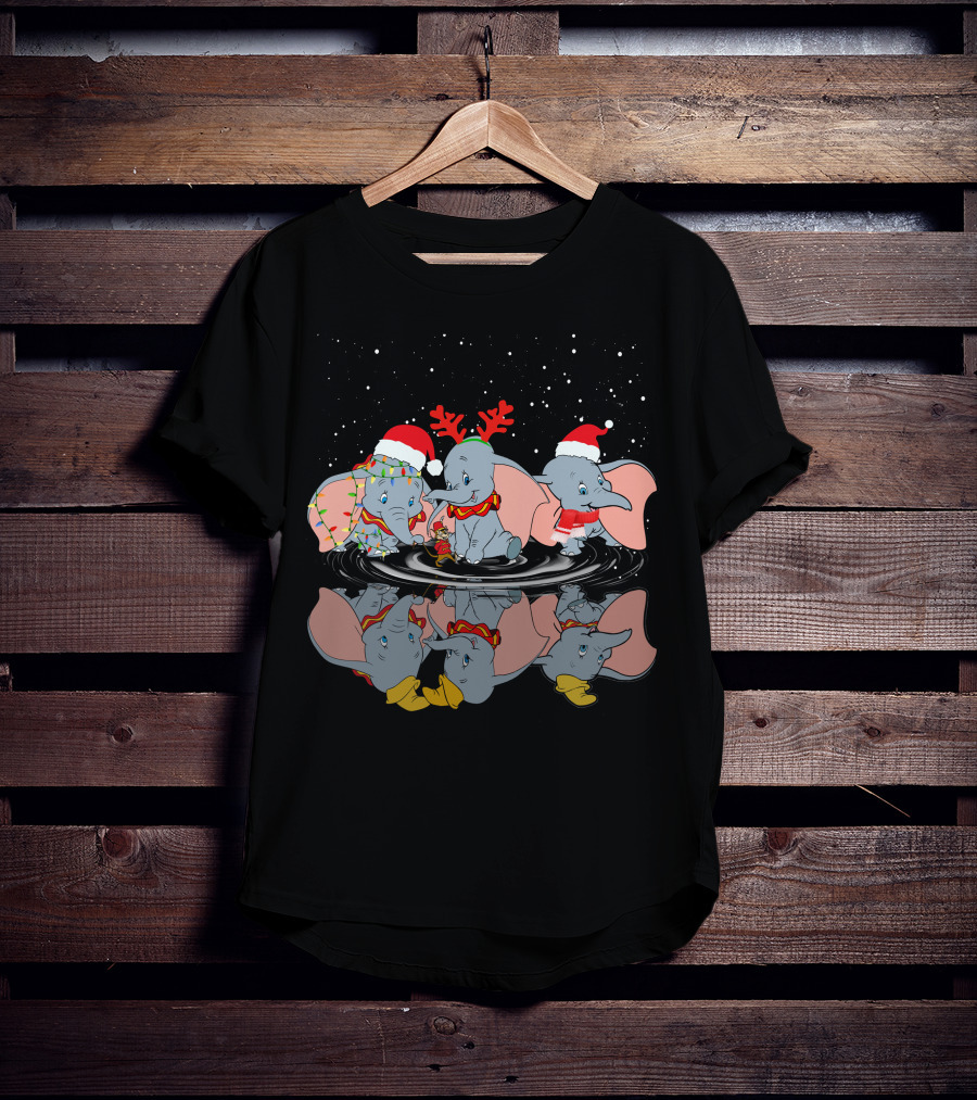 Dumbo Christmas Santa Hats And Reindeer Antlers Snowy Night T-Shirt