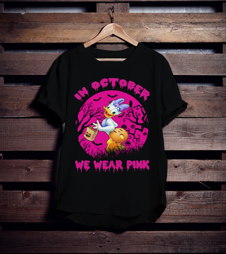 In October We Wear Pink Daisy Duck Halloween Theme T-Shirt
