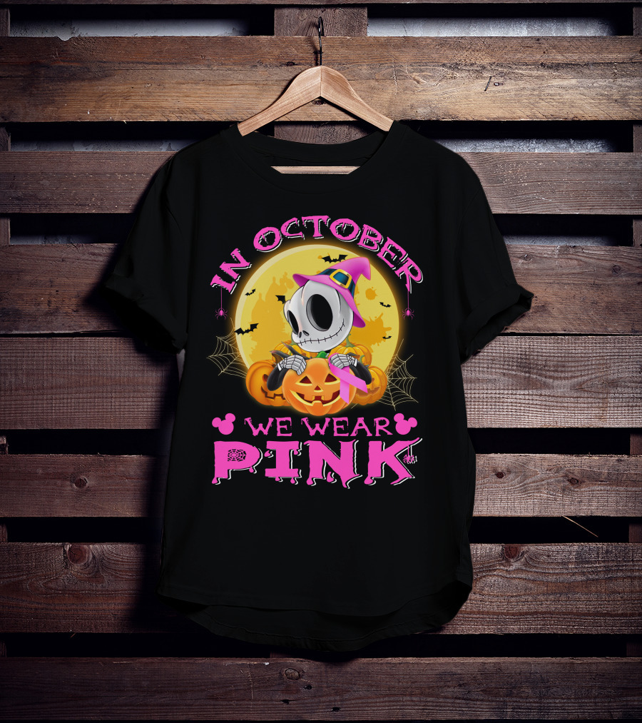 In October We Wear Pink Halloween Pumpkin Skeleton T-Shirt