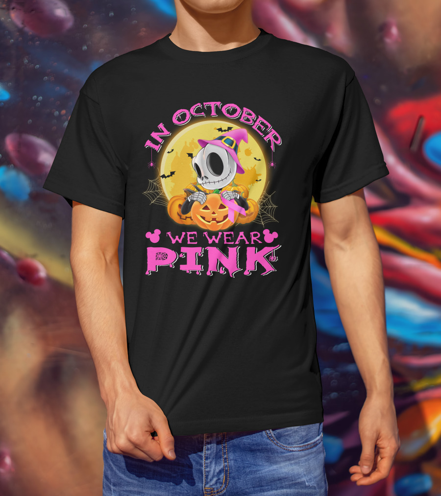 In October We Wear Pink Halloween Pumpkin Skeleton T-Shirt