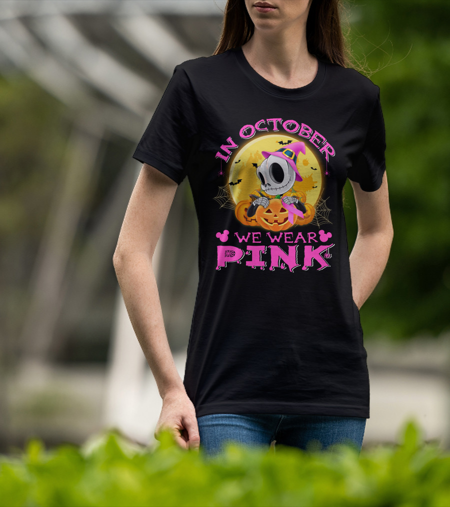 In October We Wear Pink Halloween Pumpkin Skeleton T-Shirt