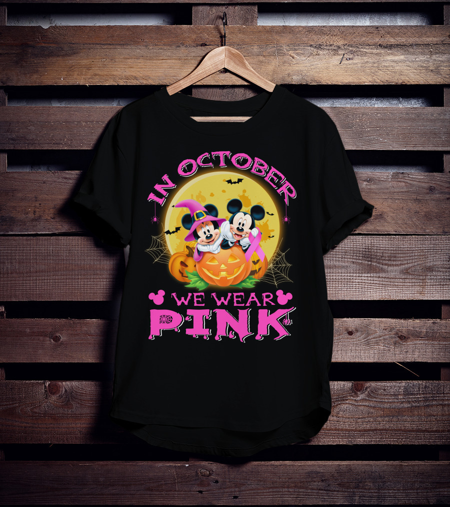 In October We Wear Pink Mickey And Minnie Halloween Pumpkin T-Shirt