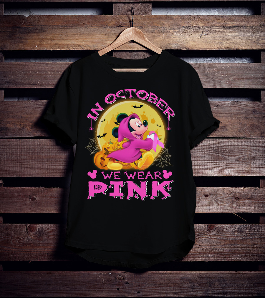 In October We Wear Pink Mickey Mouse Halloween Pumpkin Bats T-Shirt
