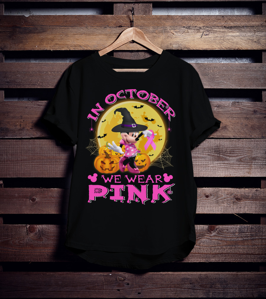 Minnie In October We Wear Pink Halloween Pumpkins Bats T-Shirt