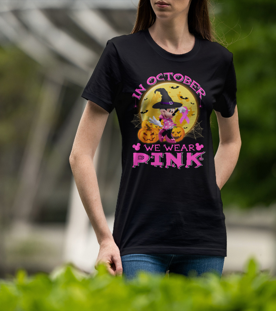 Minnie In October We Wear Pink Halloween Pumpkins Bats T-Shirt