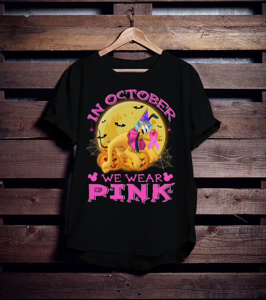 In October We Wear Pink Pluto Halloween Pumplin Bat Webs T-Shirt