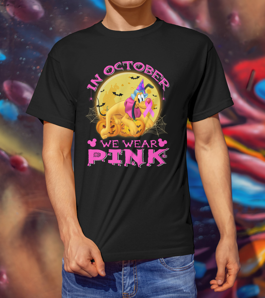 In October We Wear Pink Pluto Halloween Pumplin Bat Webs T-Shirt