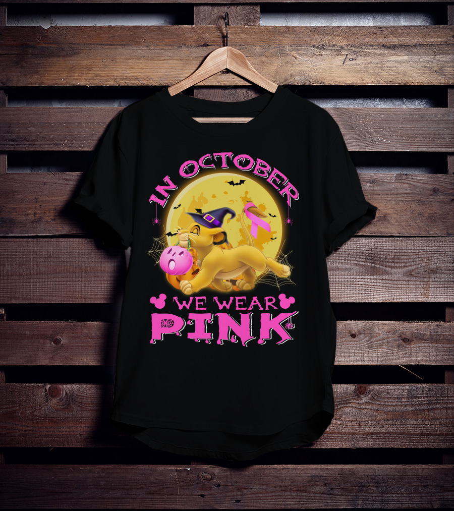 In October We Wear Pink Simba Halloween Breast Cancer Awareness T-Shirt