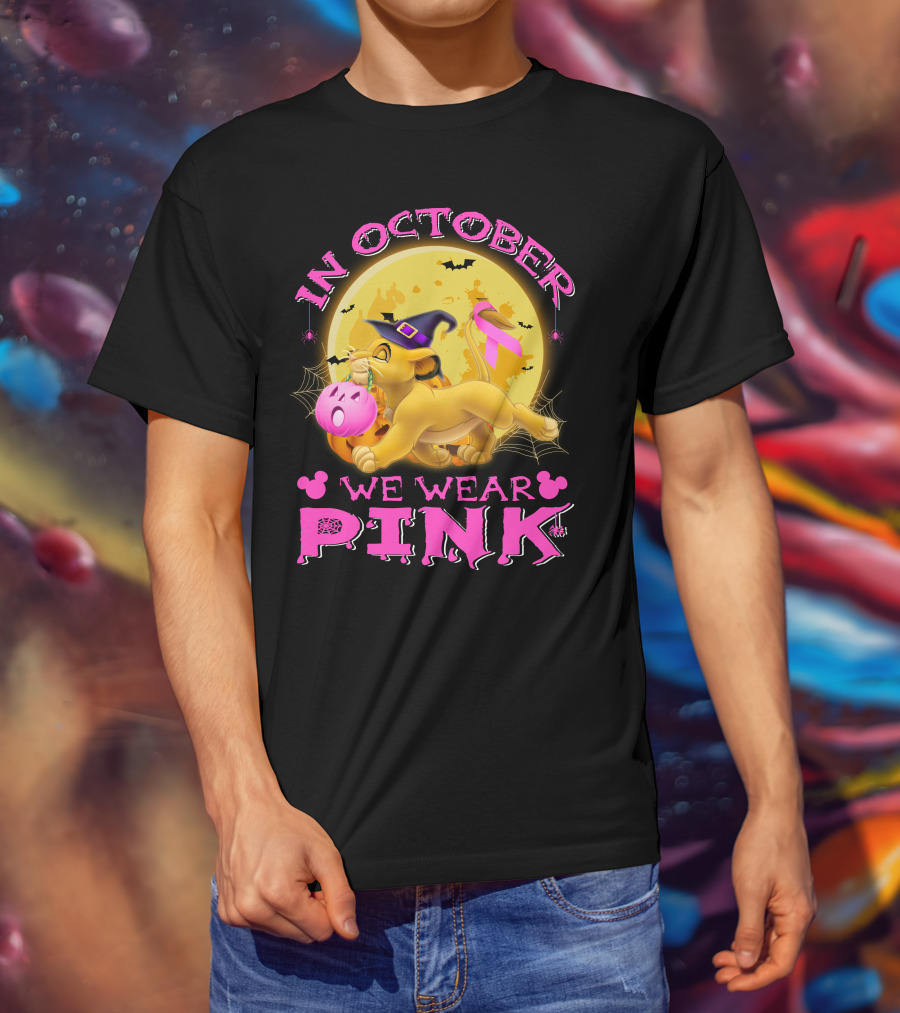 In October We Wear Pink Simba Halloween Breast Cancer Awareness T-Shirt