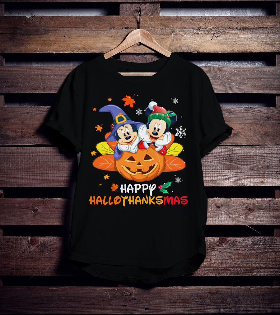 Happy Hallothanksmas Mickey Minnie Jack-O'-Lantern Holly Snowflakes Leaves T-Shirt