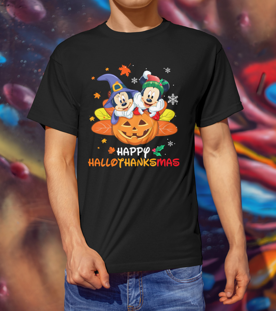 Happy Hallothanksmas Mickey Minnie Jack-O'-Lantern Holly Snowflakes Leaves T-Shirt