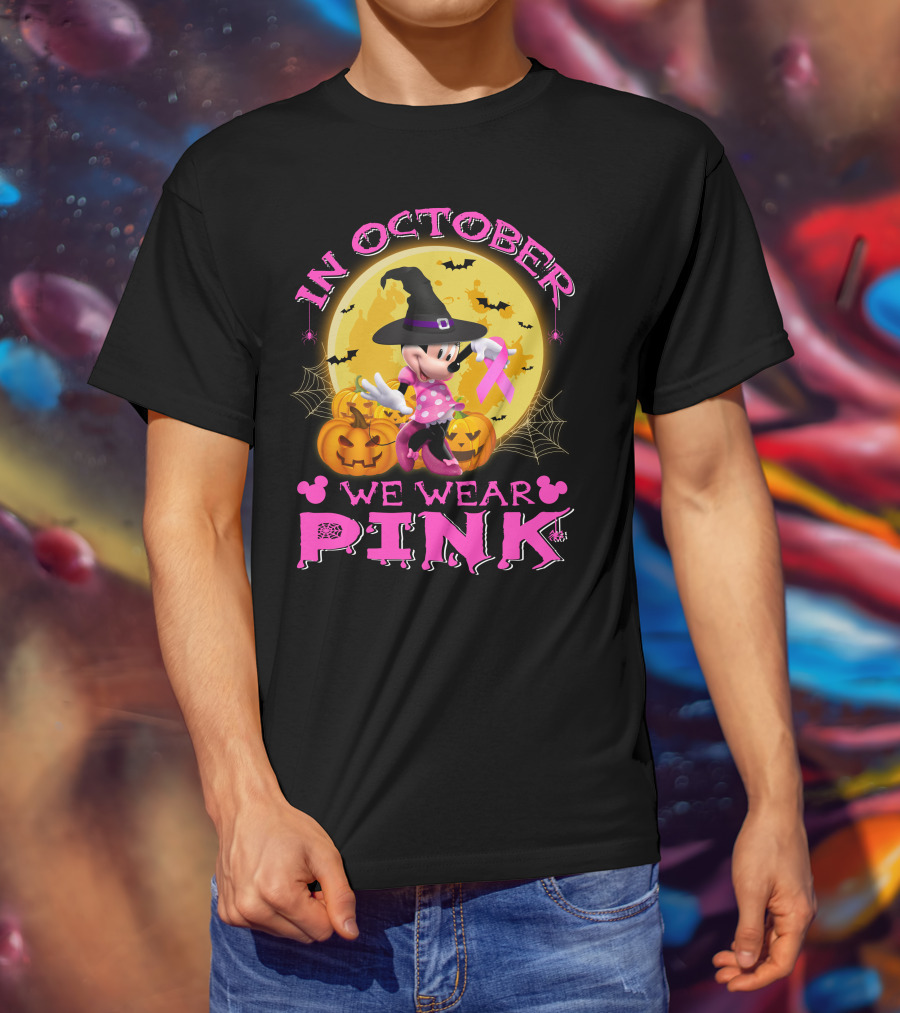 In October We Wear Pink Minnie Halloween Breast Cancer Awareness T-Shirt