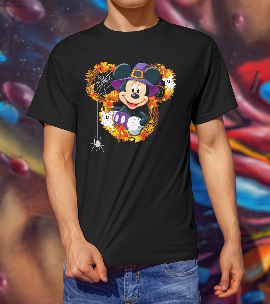Mickey Halloween Wreath Witch Hat Spiderweb Ghosts Pumpkins Leaves T-Shirt