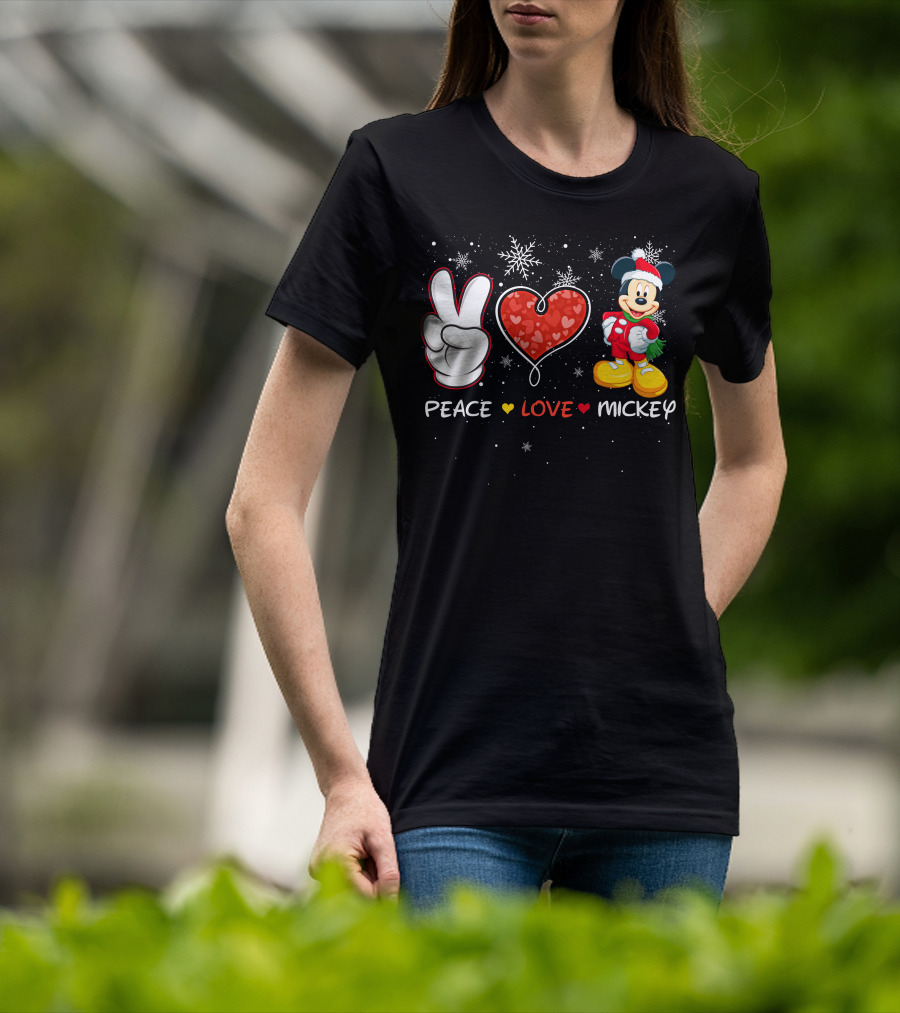 Peace Love Mickey Christmas Holiday Snowflakes Santa Hat T-Shirt