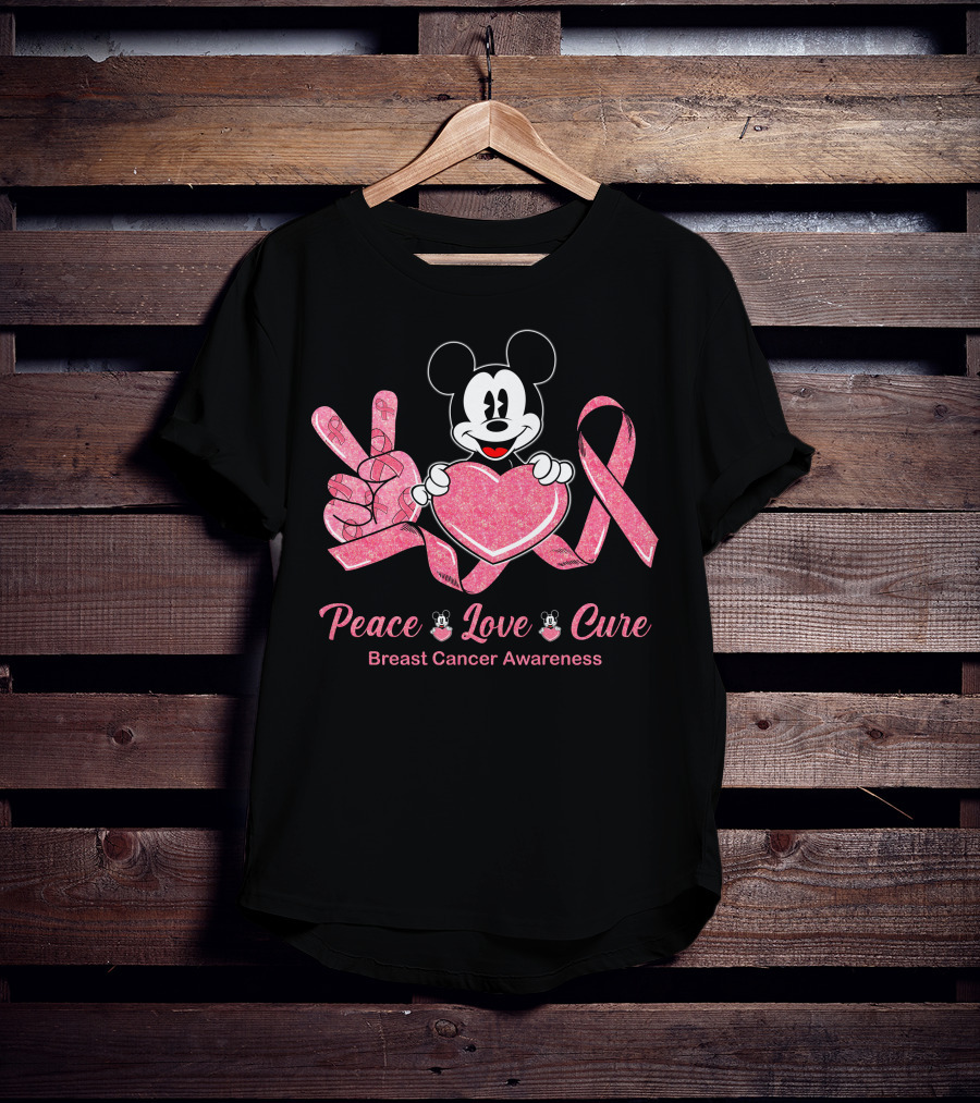 Peace Love Cure Breast Cancer Awareness Mickey Mouse T-Shirt